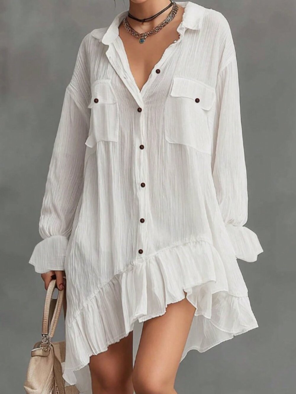 White Casual Women's Front Button Ruffle Hem Dress - Picture 2 of 4